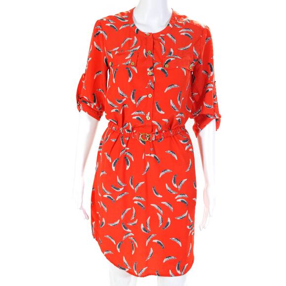 Yoana Baraschi Dresses & Skirts - Anthropologie Yoana Baraschi Red Feather Print Belt Shift Shirt Popover Dress M